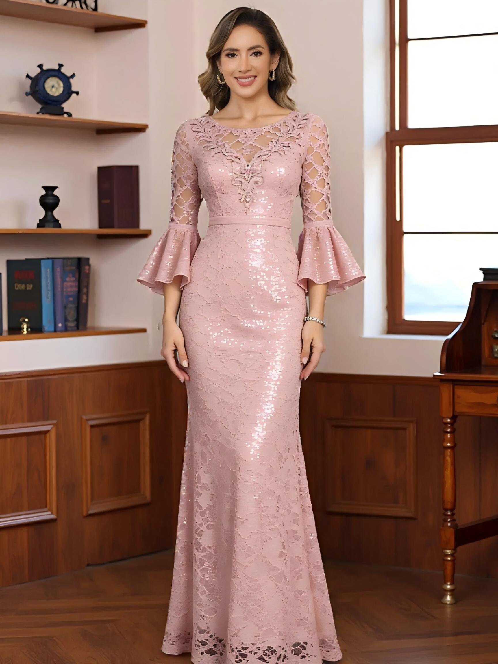 Round Neck Lace Appliques Mermaid Long Sleeves Ruffles Mother of the Bride Dresses