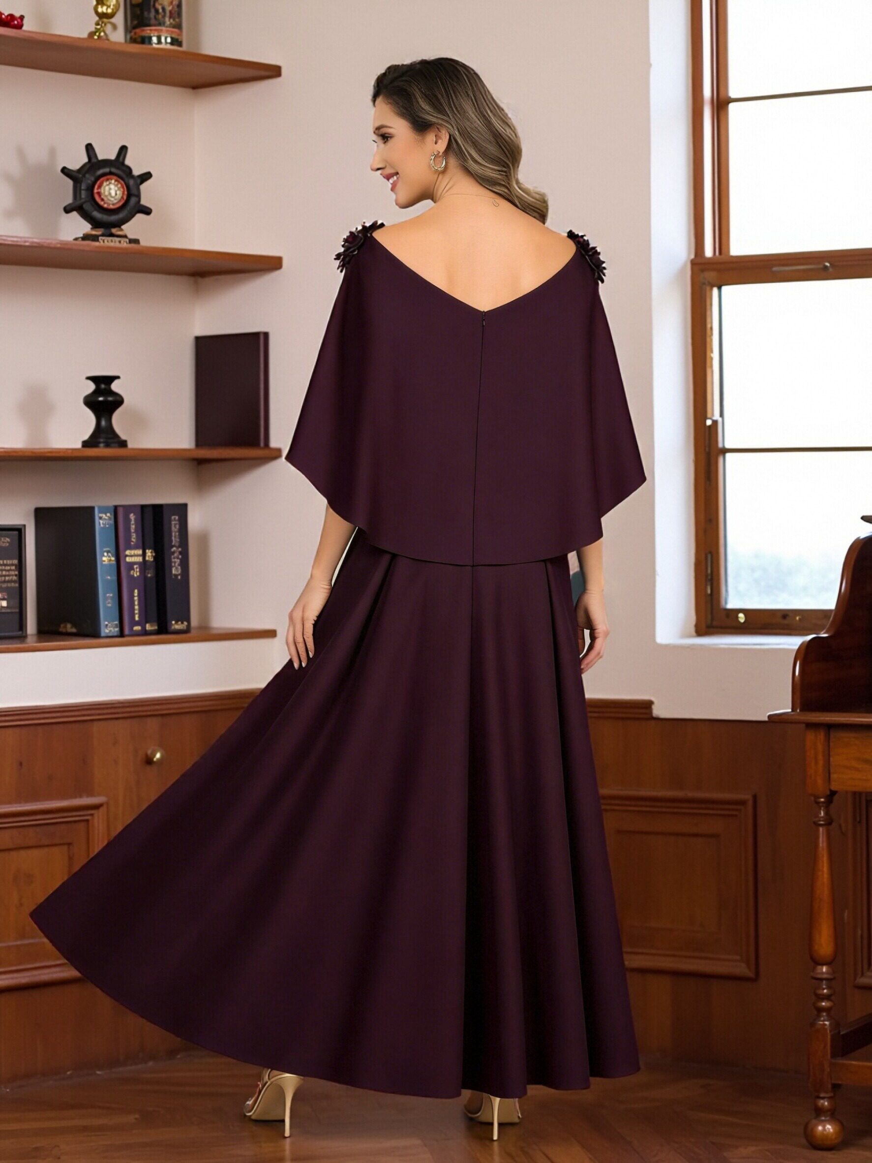 Round Neck Chiffon A Line Short Sleeves Ruffles Pleated Mother of the Bride Dresses