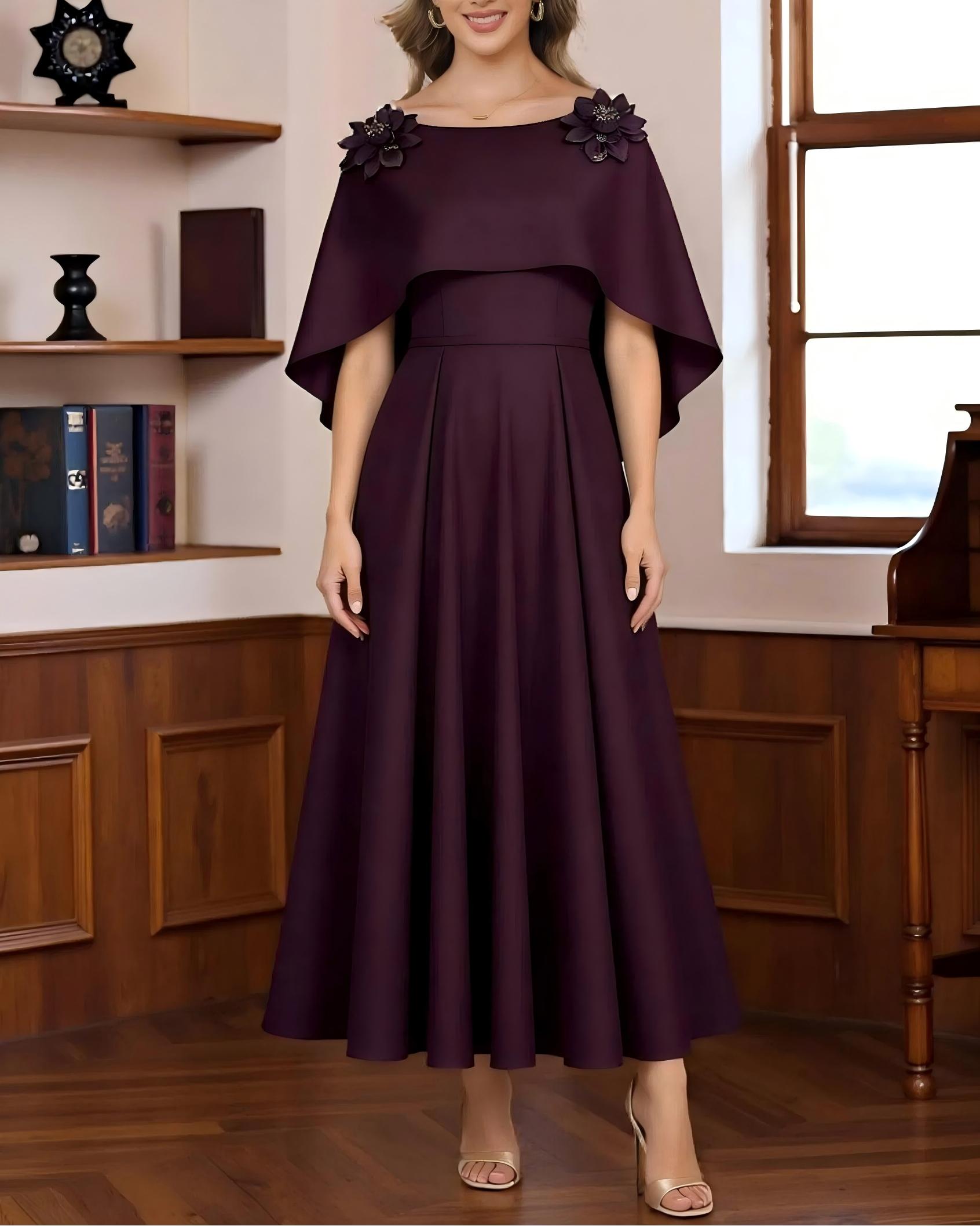 Round Neck Chiffon A Line Short Sleeves Ruffles Pleated Mother of the Bride Dresses