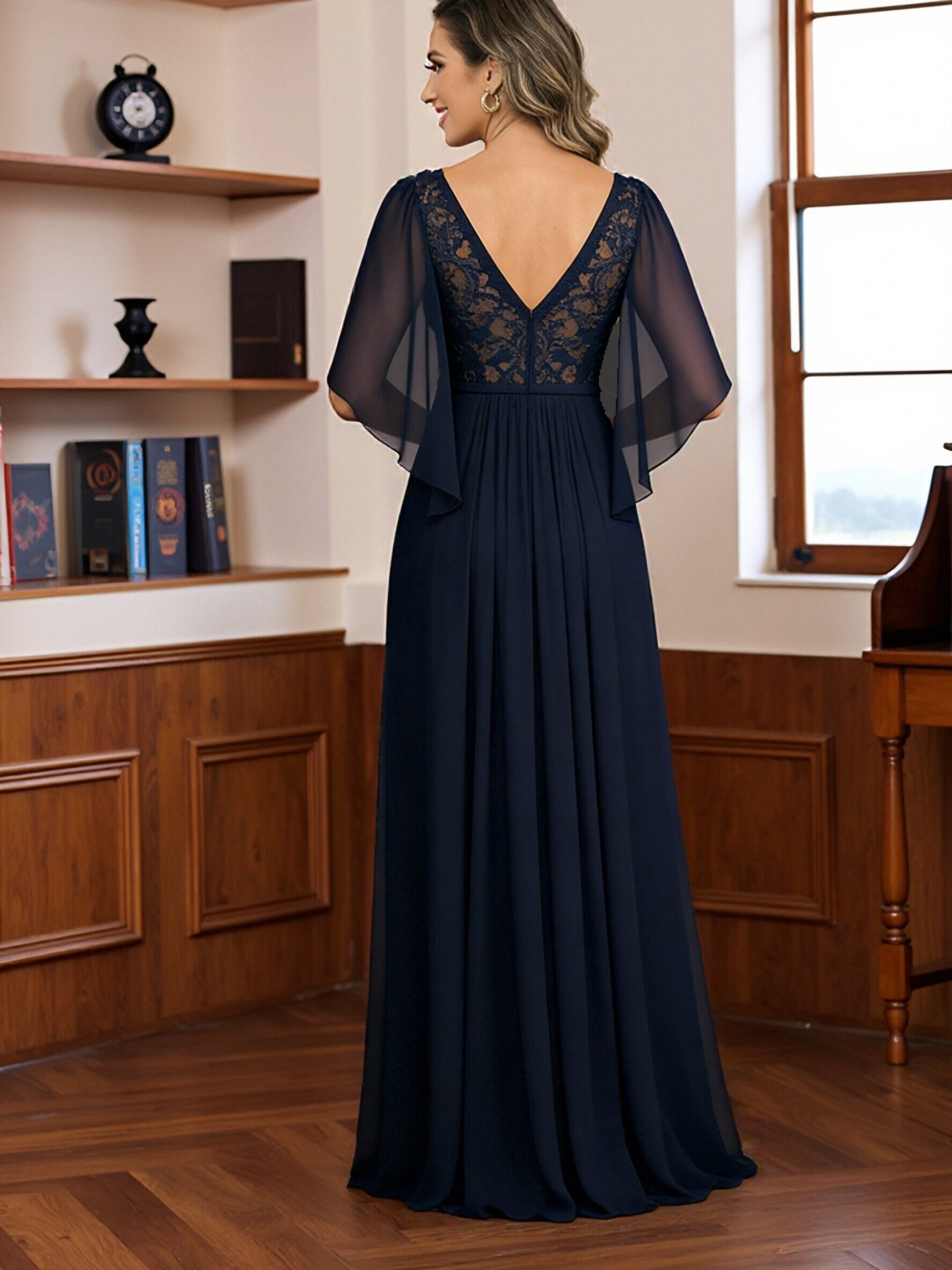 V Neck Chiffon Lace Appliques A Line Short Sleeves Ruffles Pleated Mother of the Bride Dresses