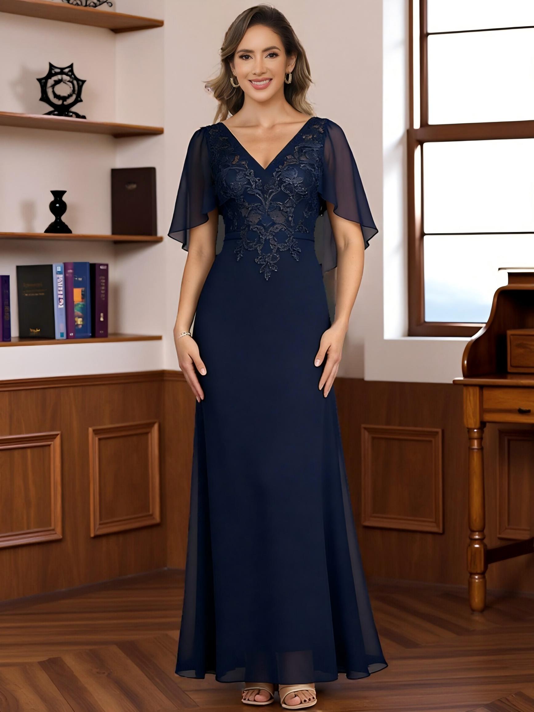 V Neck Chiffon Lace Appliques A Line Short Sleeves Ruffles Pleated Mother of the Bride Dresses