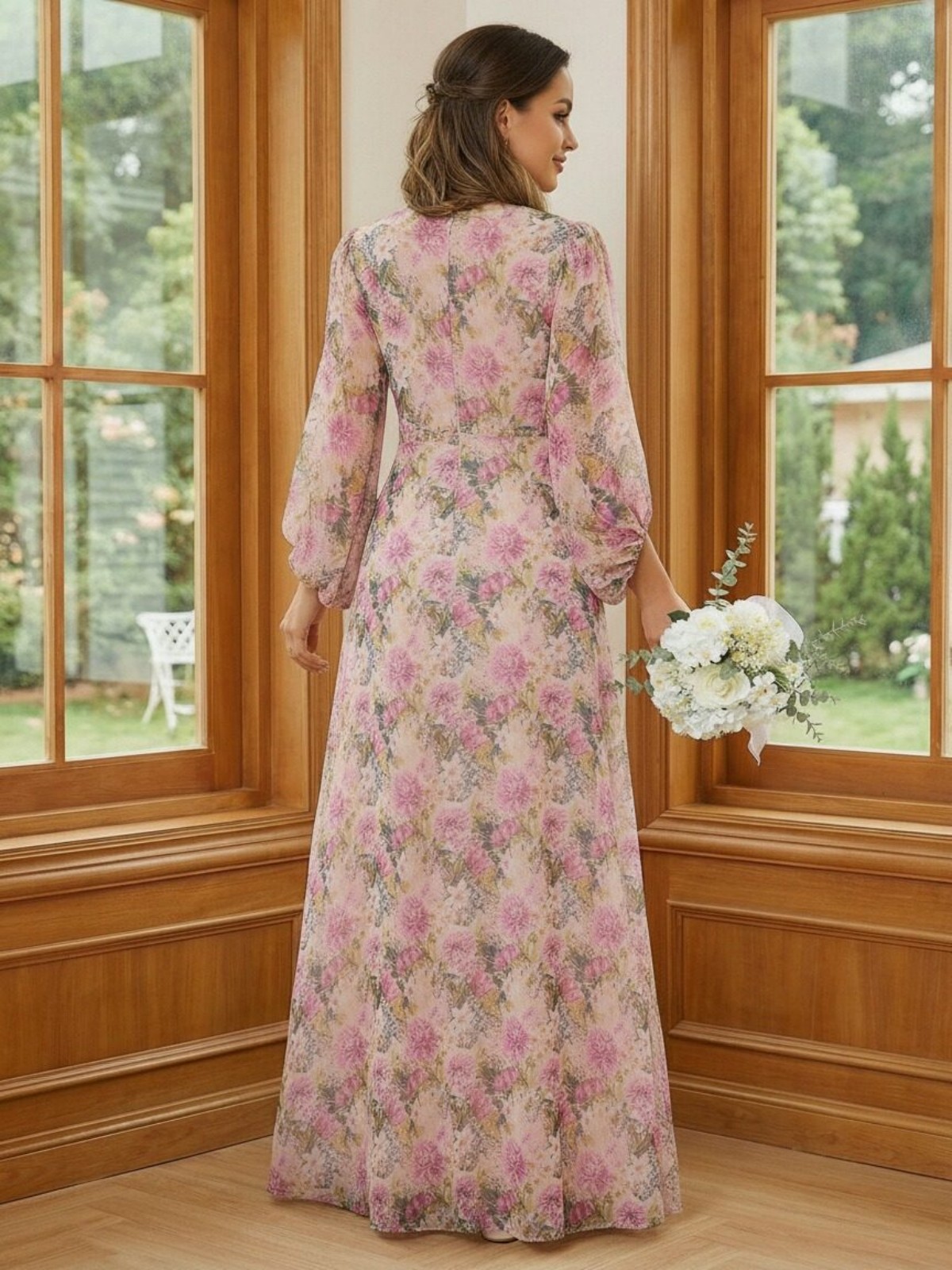 V Neck Long Sleeves Floral Print Mother of the Bride Dresses