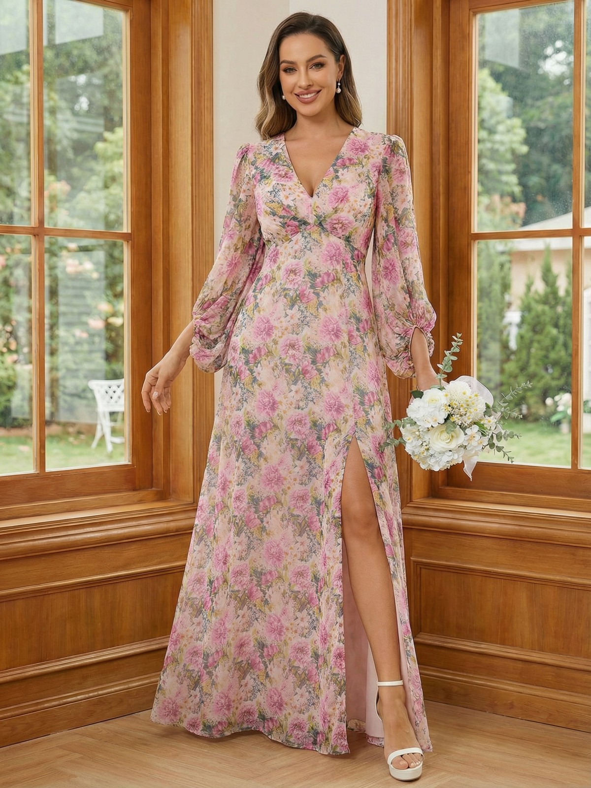 V Neck Long Sleeves Floral Print Mother of the Bride Dresses