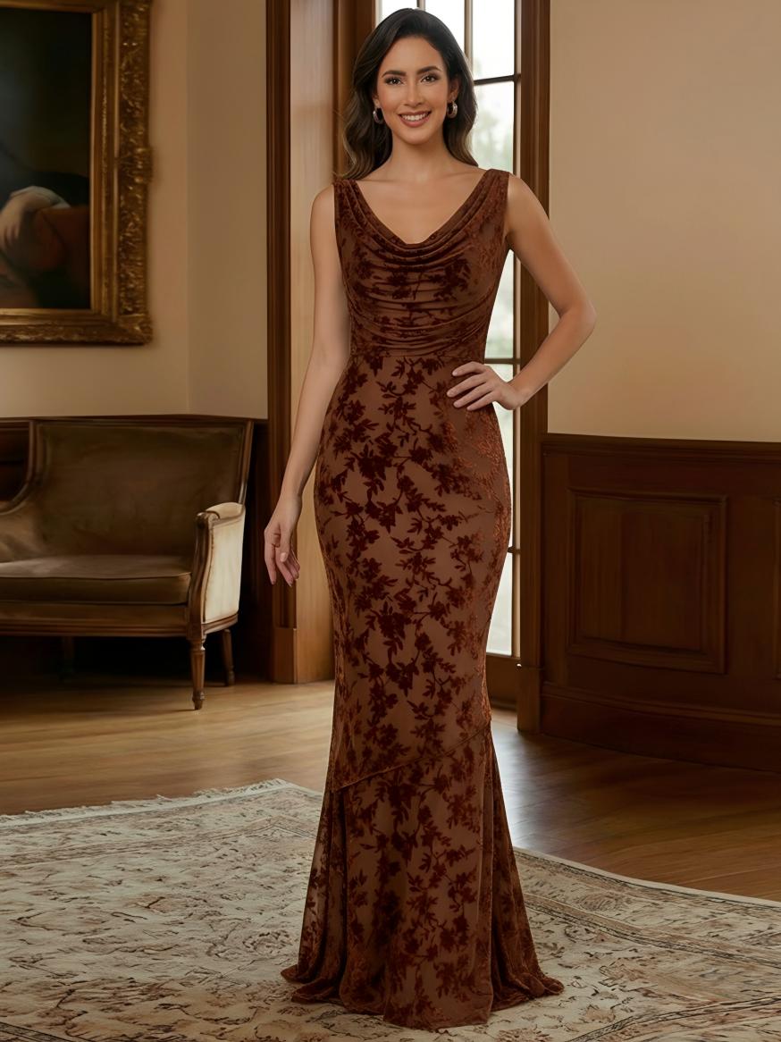 Satin Cowl Neck Floral Print Ruffles Mother of the Bride Dresses