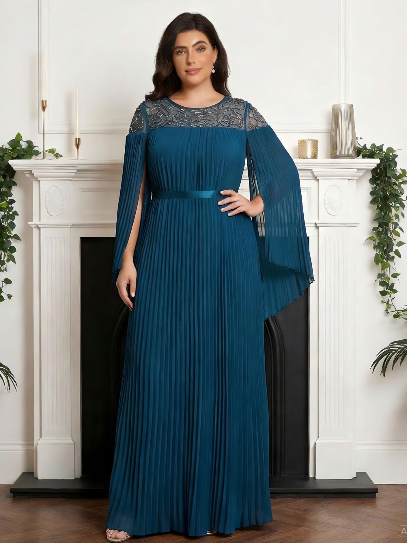 Scoop Neck Chiffon Lace Appliques Pleated Mother of the Bride Dresses