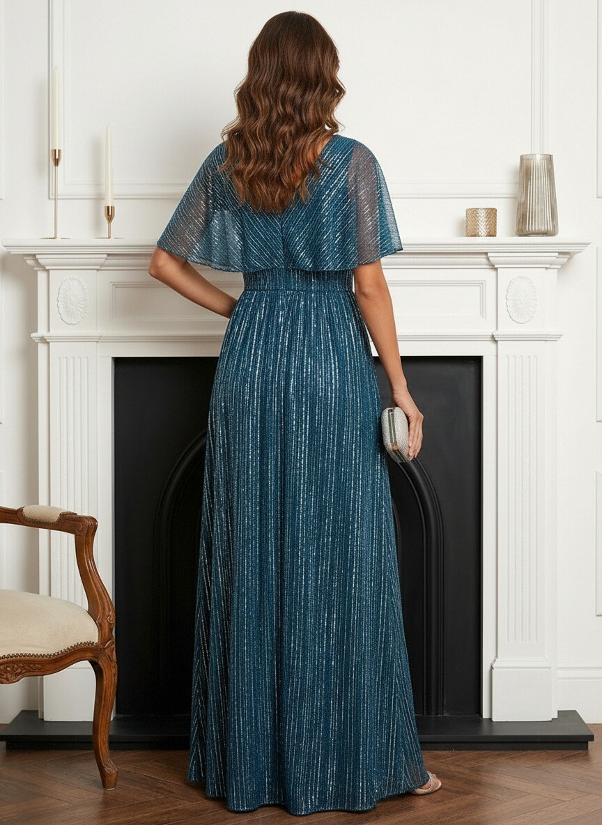 V Neck Satin Glitter Pleated Mother of the Bride Dresses