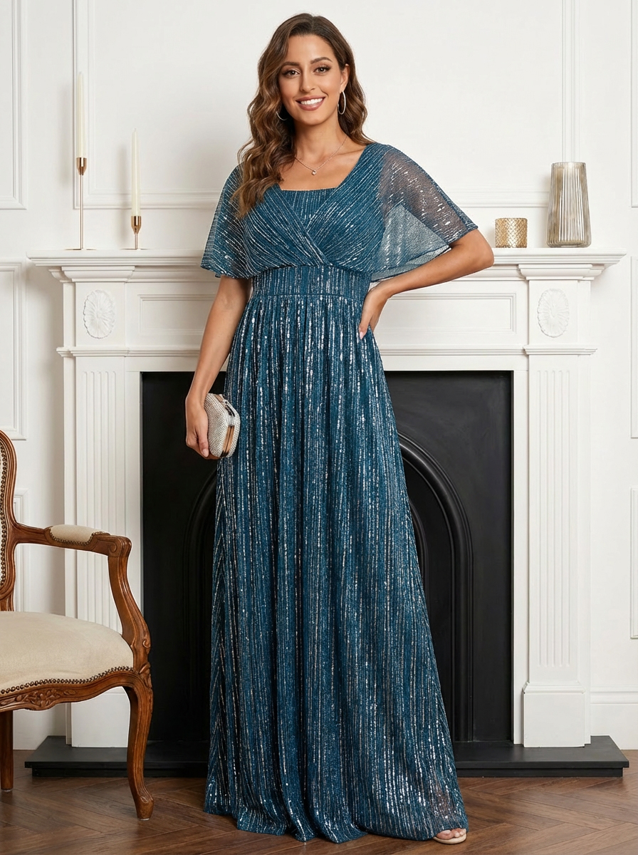 V Neck Satin Glitter Pleated Mother of the Bride Dresses