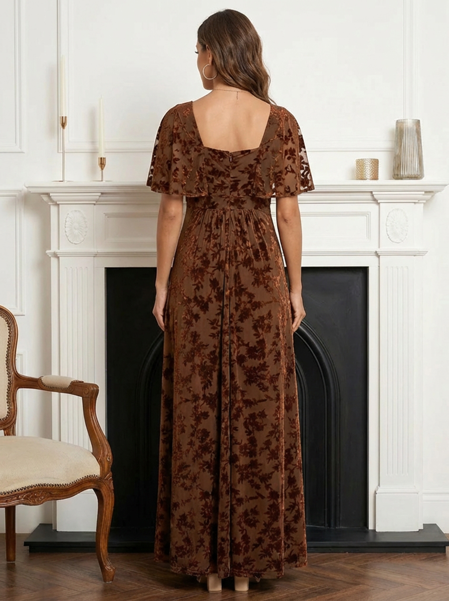 Square Neck Satin Floral Print Pleated Mother of the Bride Dresses