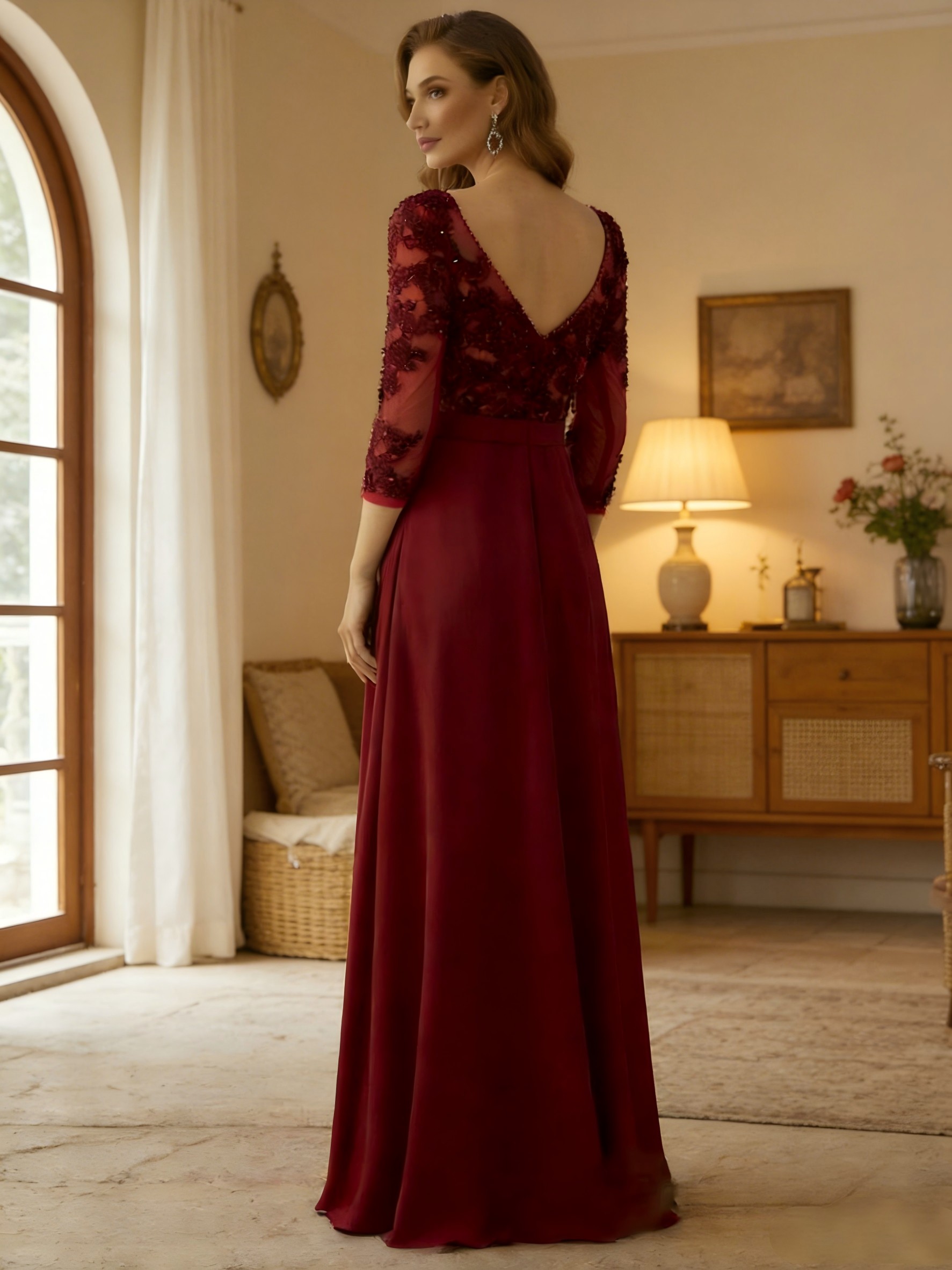 Round Neck Lace Appliques Mother of the Bride Dresses with Sleeves