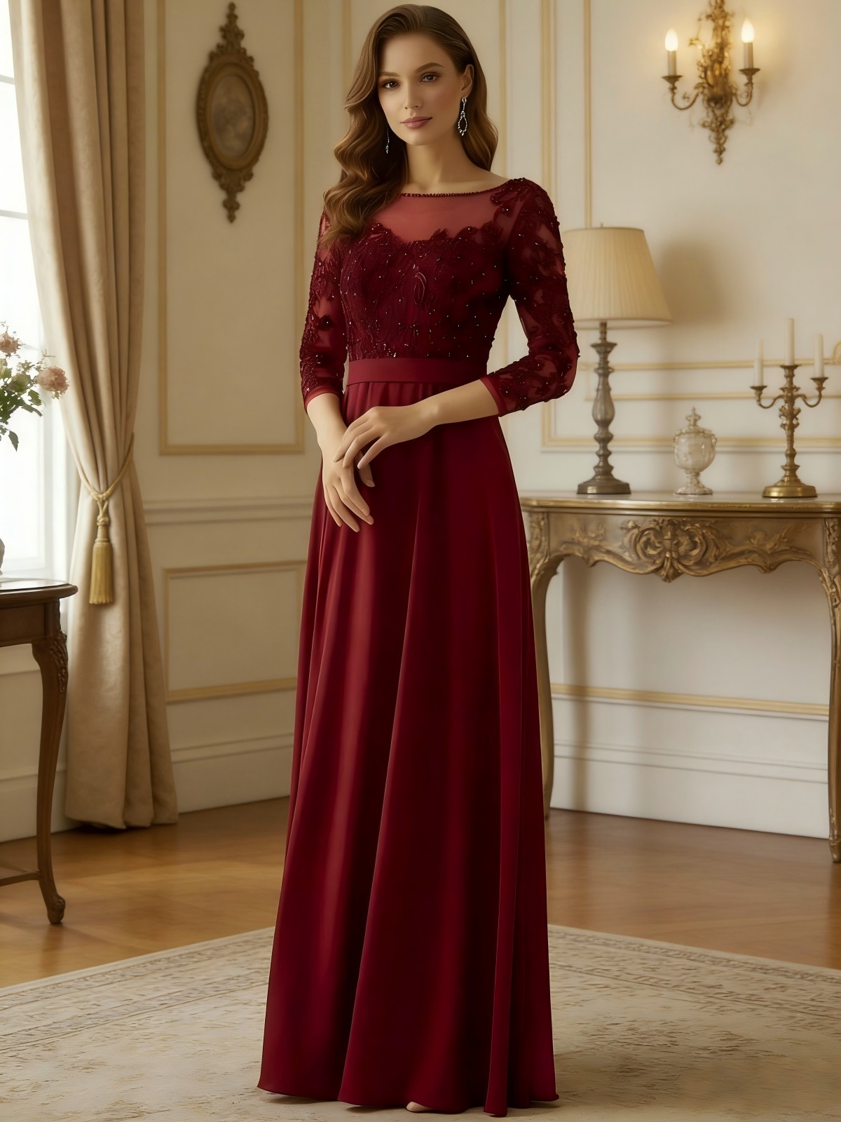 Round Neck Lace Appliques Mother of the Bride Dresses with Sleeves