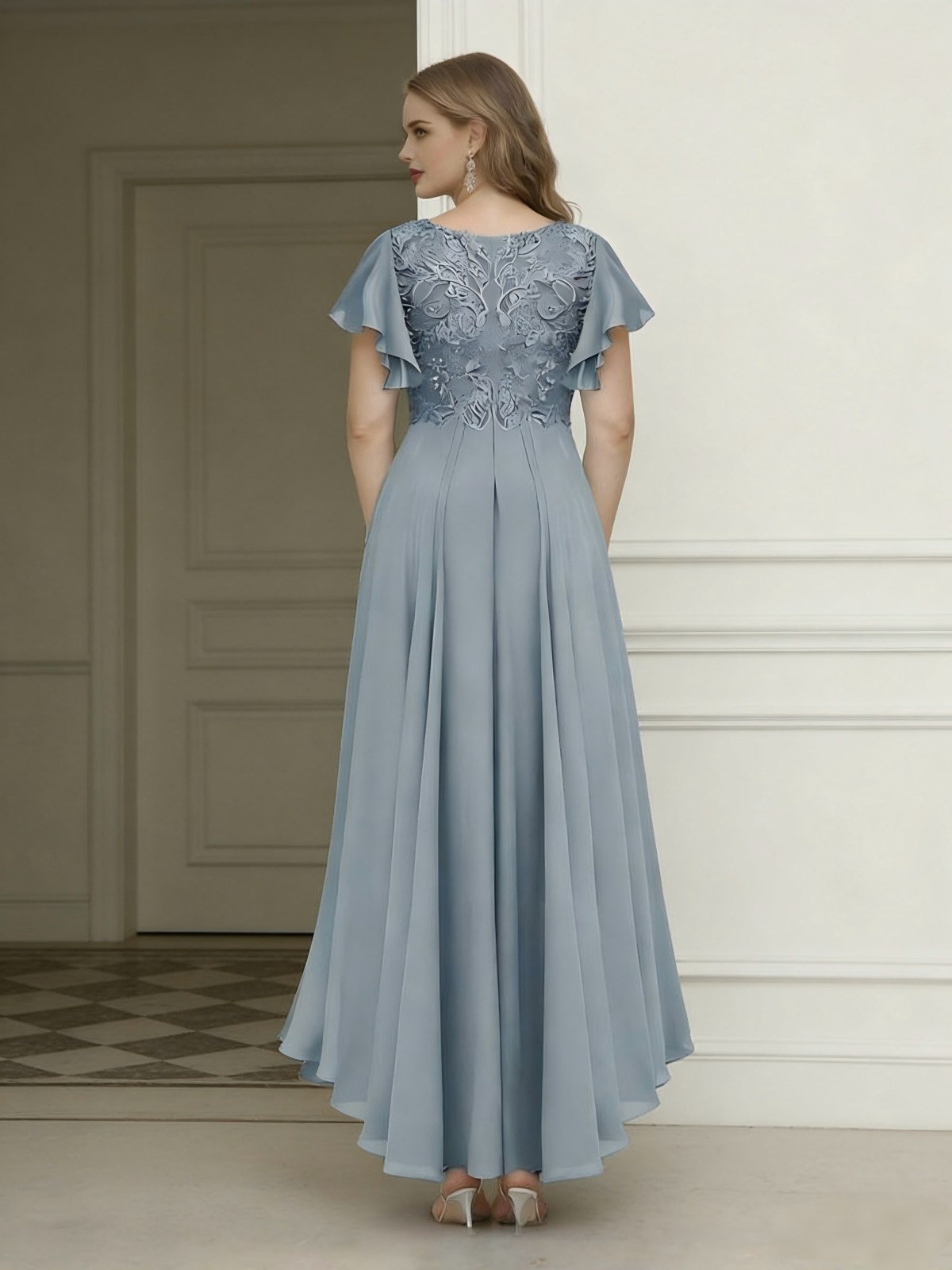 V Neck Lace Appliques Mother of the Bride Dresses with Sleeves