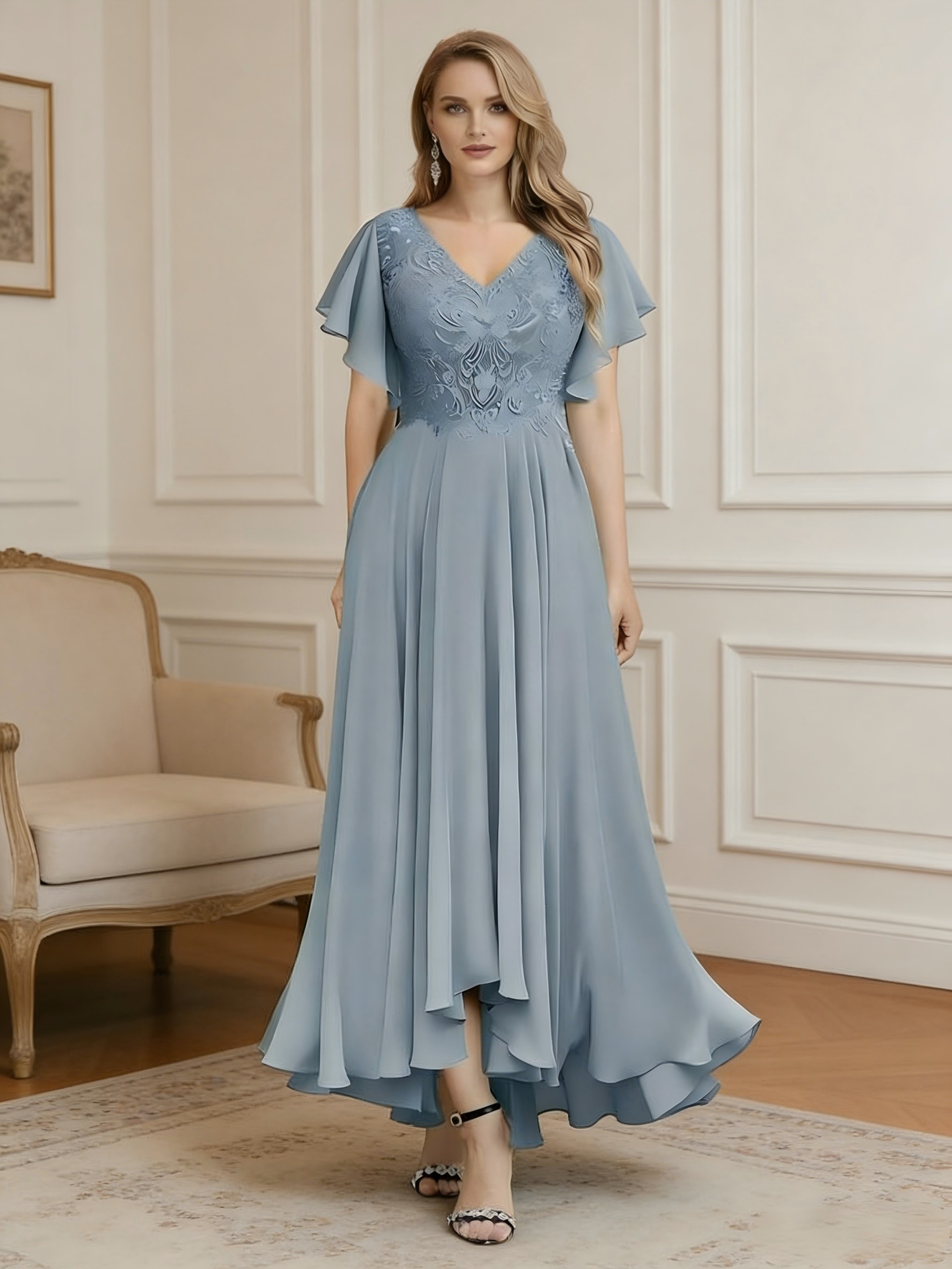 V Neck Lace Appliques Mother of the Bride Dresses with Sleeves