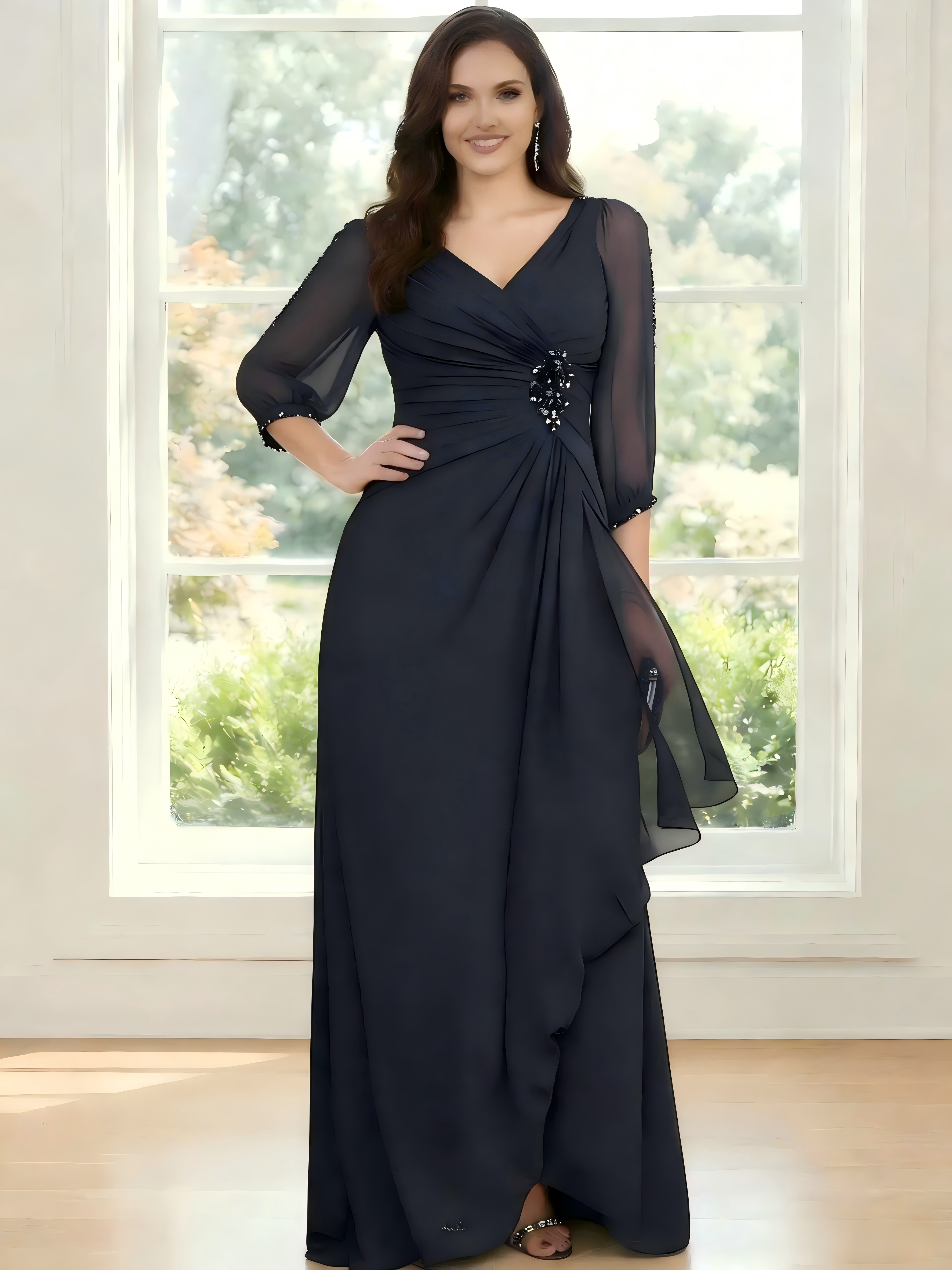 V Neck Chiffon Pleated Mother of the Bride Dresses