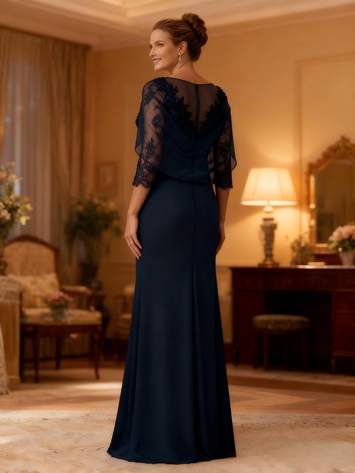 Round Neck Chiffon Lace Applique Mother of the Bride Dresses