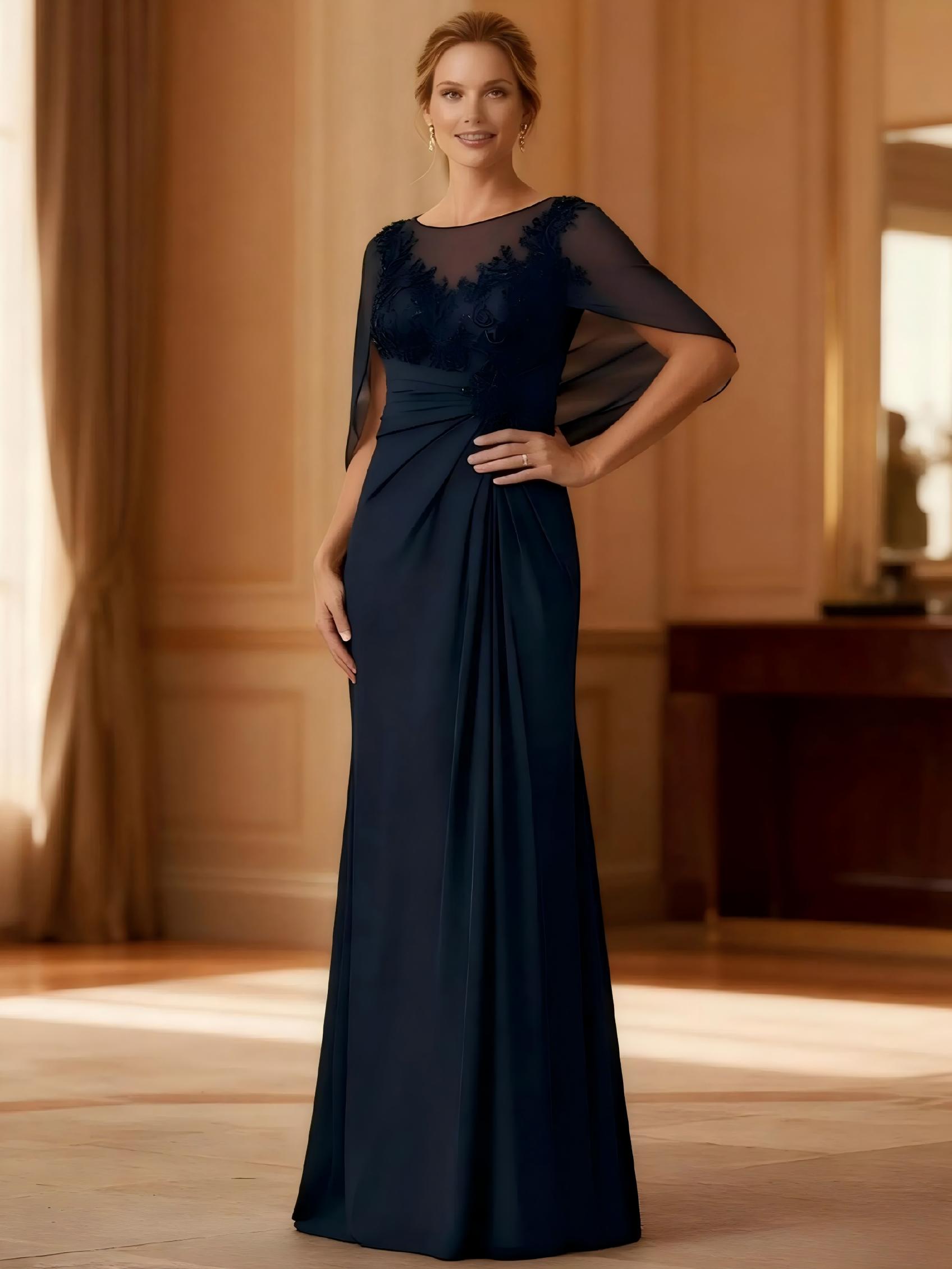 Round Neck Chiffon Lace Applique Mother of the Bride Dresses