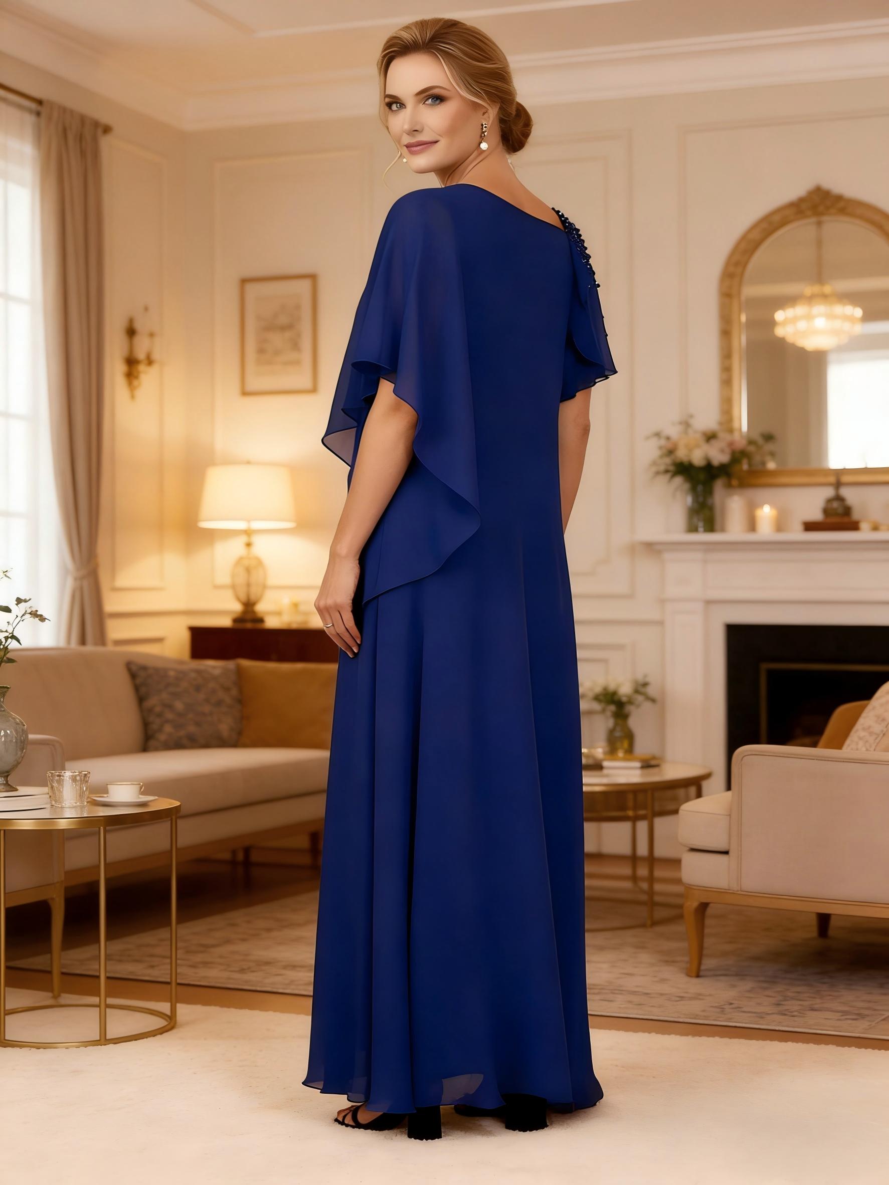 Sqaure Neck Chiffon Mother of the Bride Dresses with Sleeves