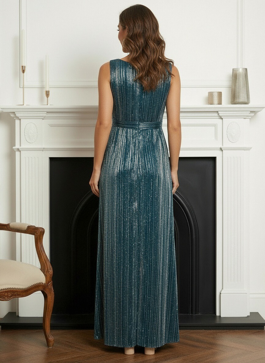 Round Neck Sequin A Line Ruffles Pleated Mother of the Bride Dresses with Slit