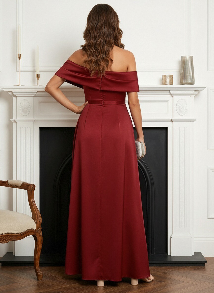 One Shoulder Satin A Line Ruffles Pleated Mother of the Bride Dresses with Slit