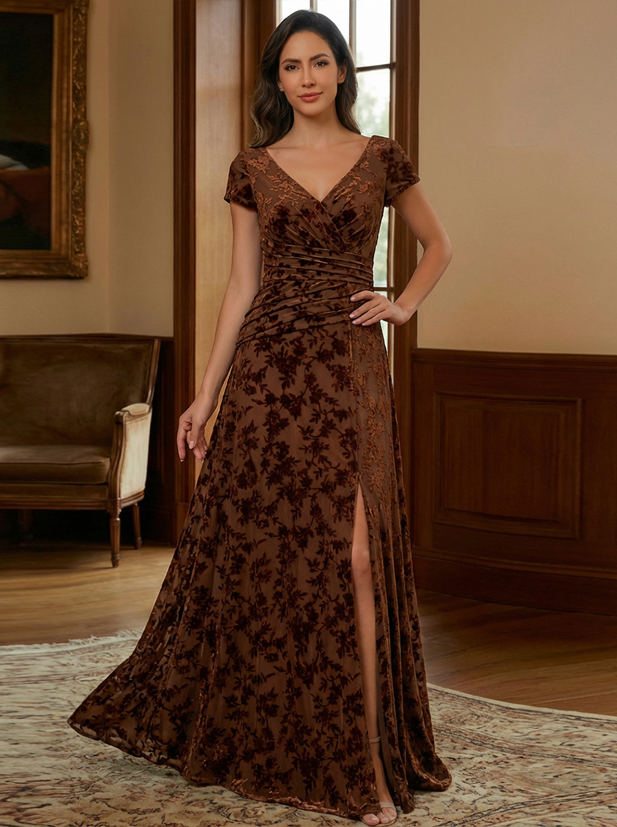 V Neck Velvet A Line Short Sleeves Mother of the Bride Dresses with Slit