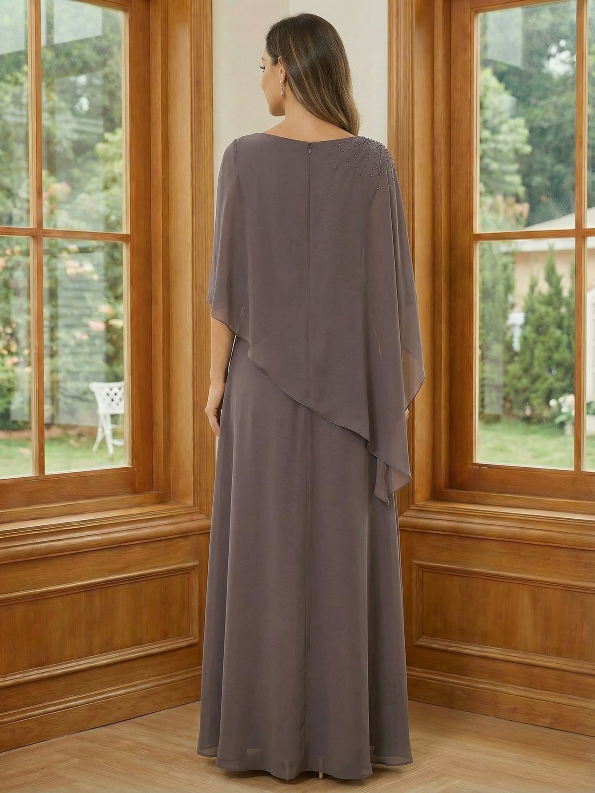 Round Neck Chiffon Mother of the Bride Dresses with Sleeves