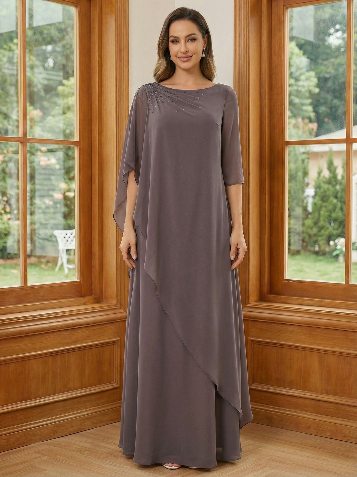 Round Neck Chiffon Mother of the Bride Dresses with Sleeves