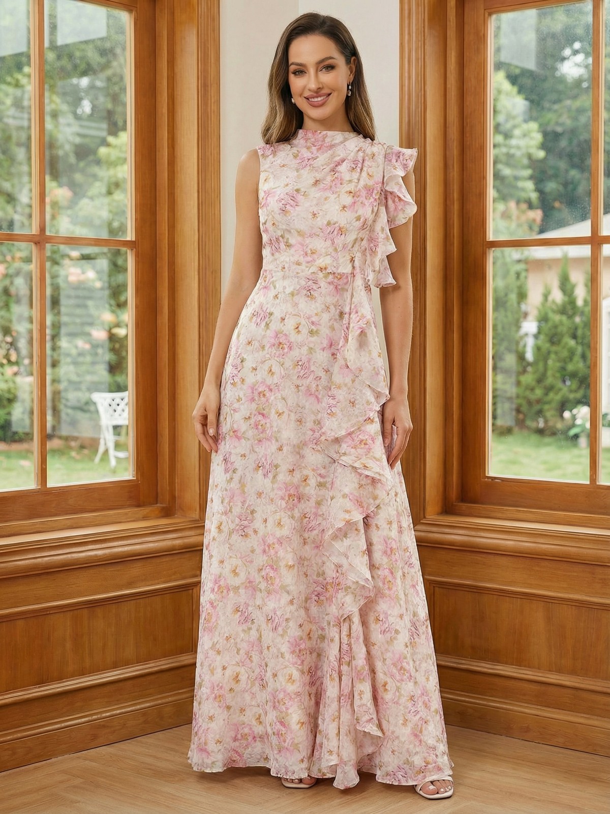 High Neck Chiffon Floral Mother of the Bride Dresses