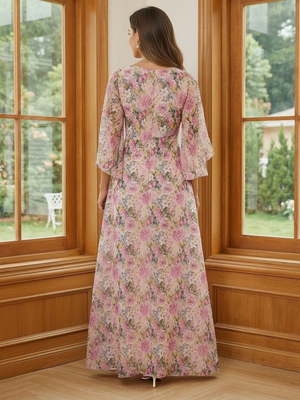 Round Neck Chiffon Mother of the Bride Dresses with Sleeves