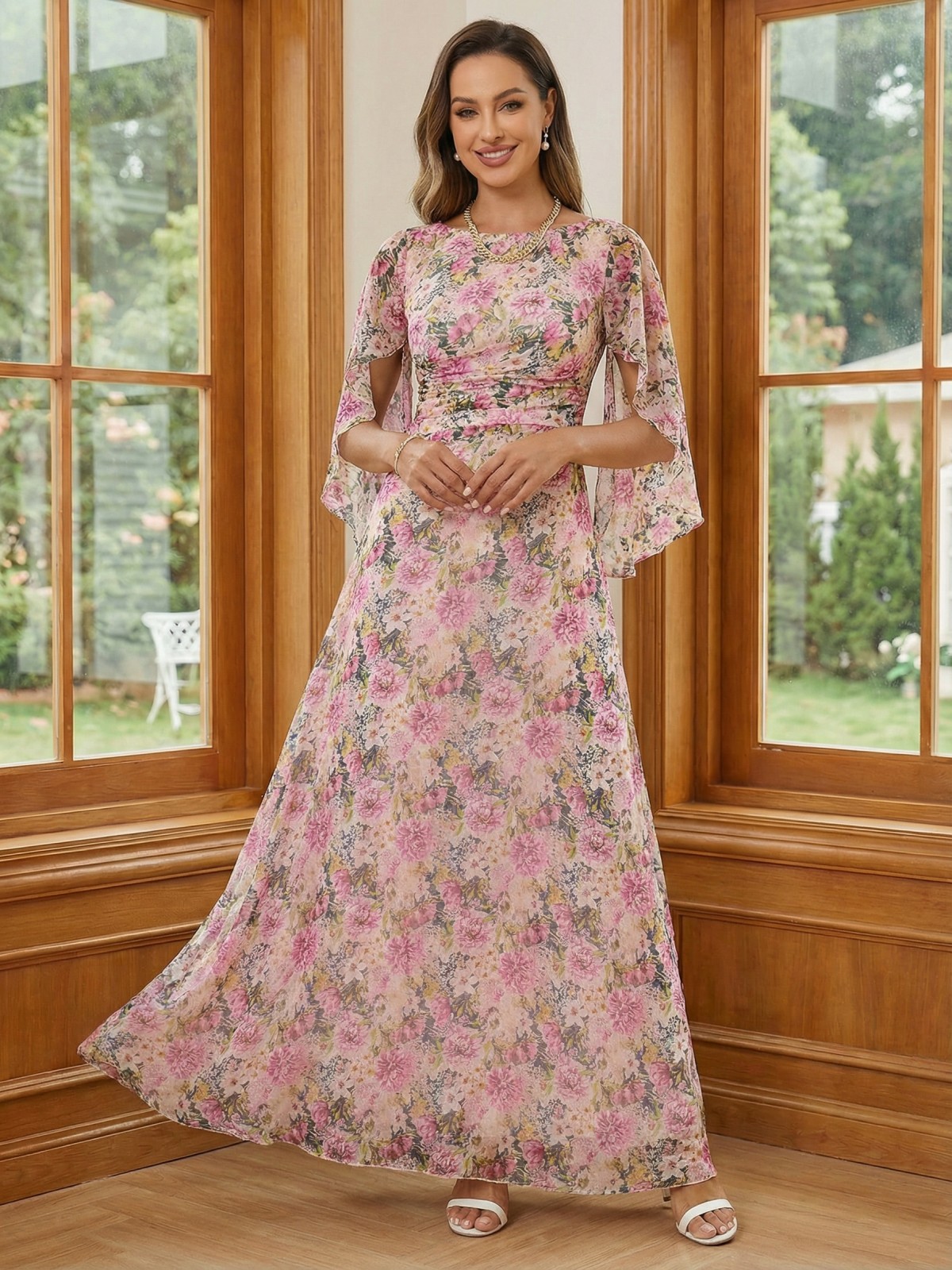 Round Neck Chiffon Mother of the Bride Dresses with Sleeves