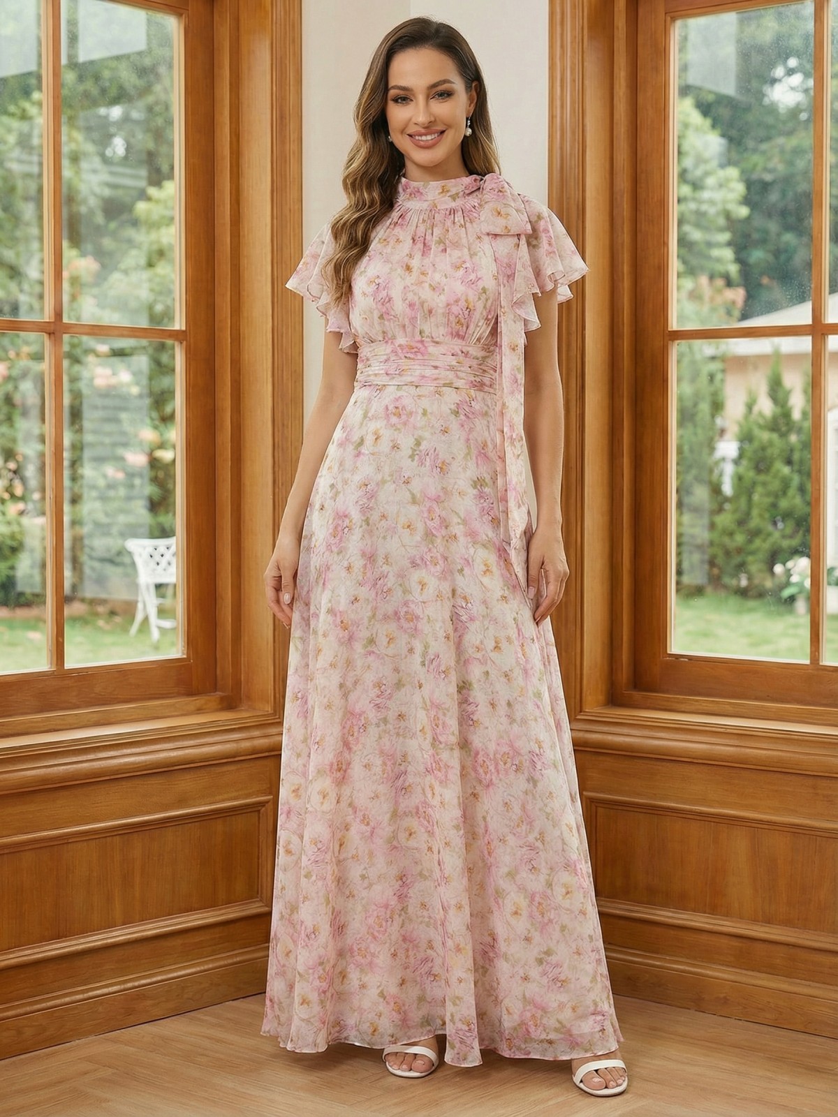 High Neck Chiffon Mother of the Bride Dresses with Sleeves