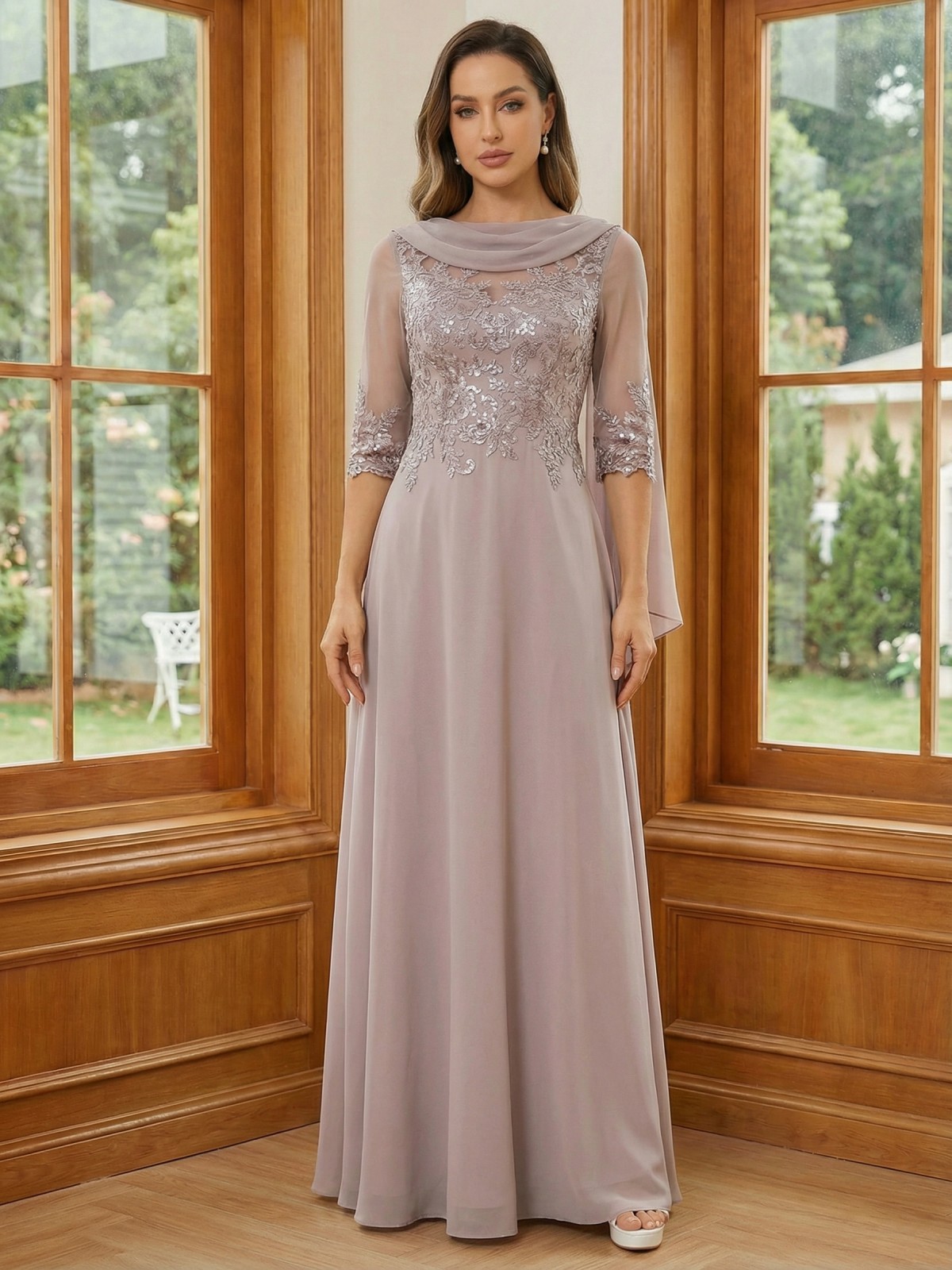 Round Neck Chiffon Mother of the Bride Dresses with Sleeves