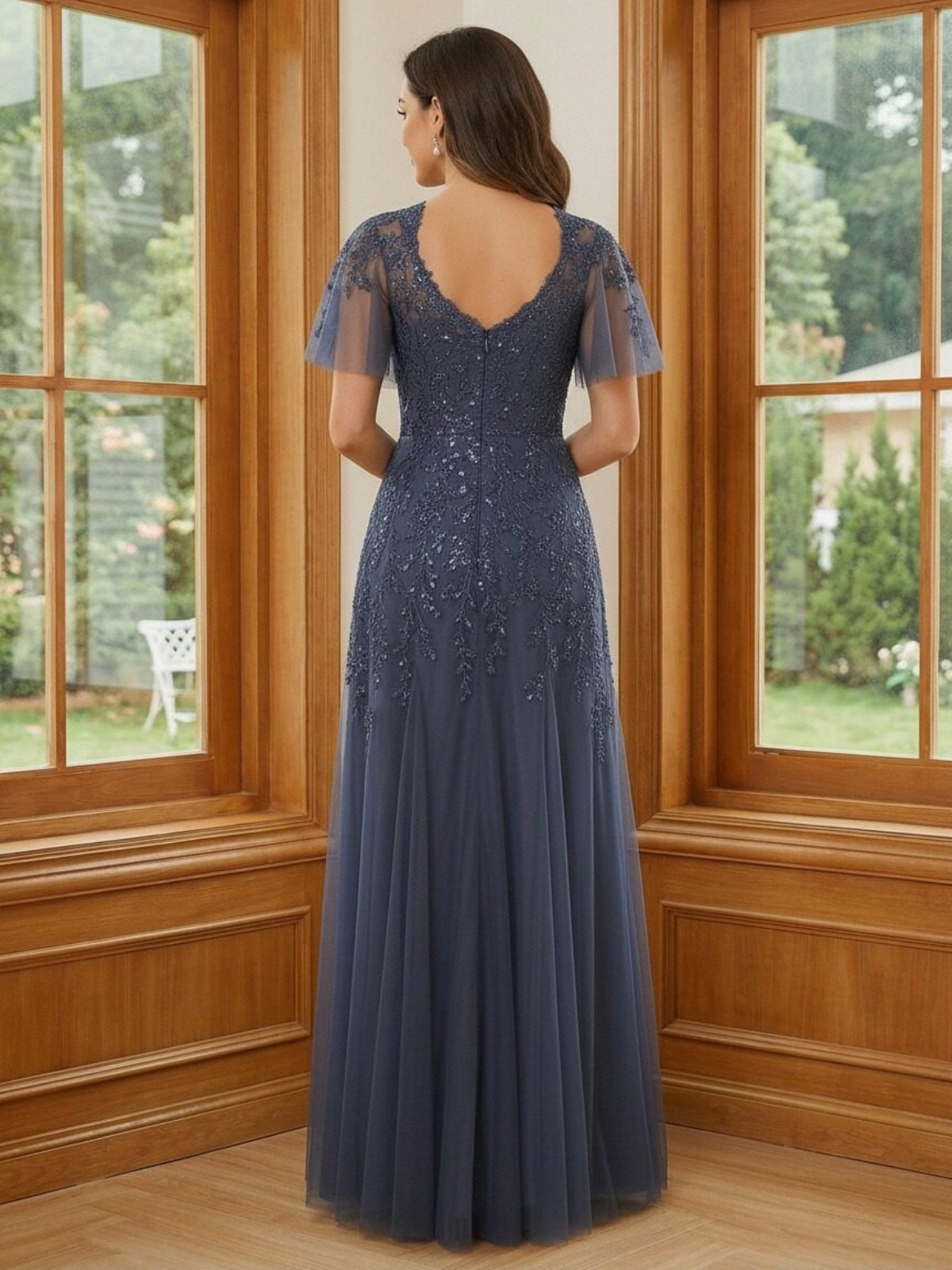 V Neck Tulle Mother of the Bride Dresses with Sleeves