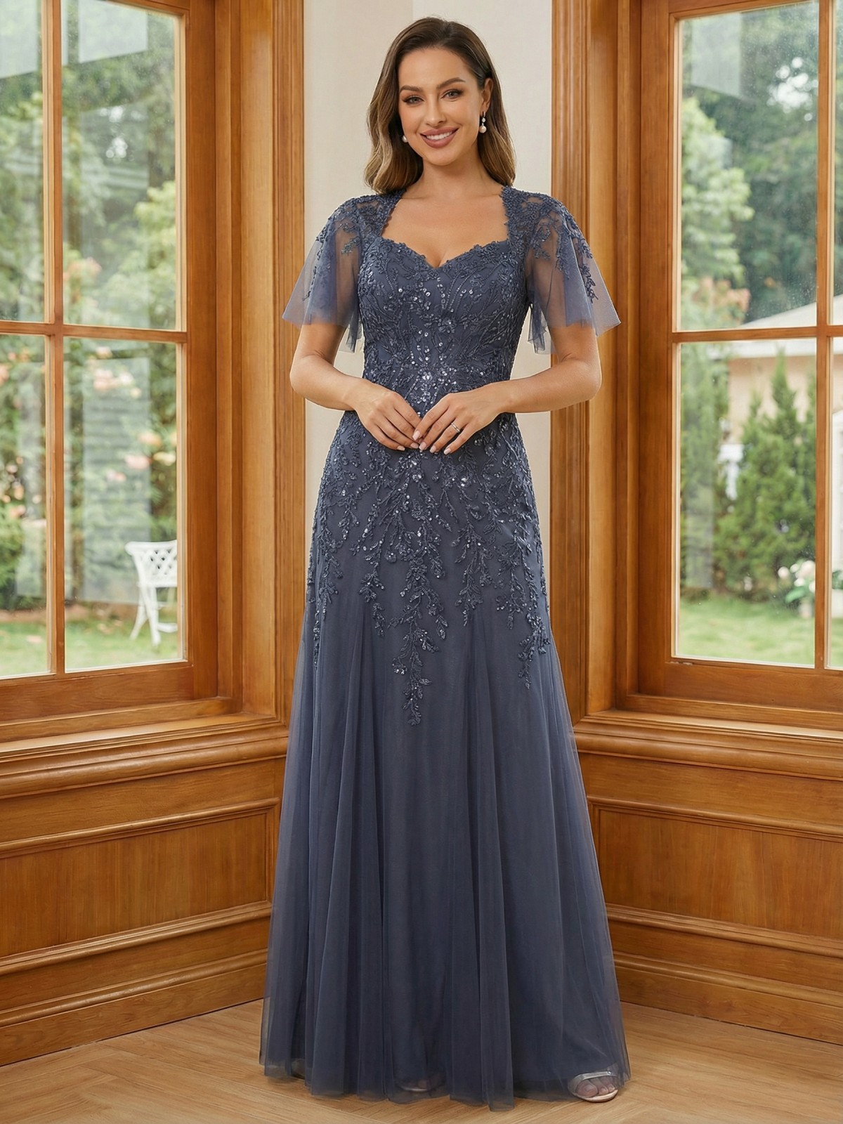 V Neck Tulle Mother of the Bride Dresses with Sleeves