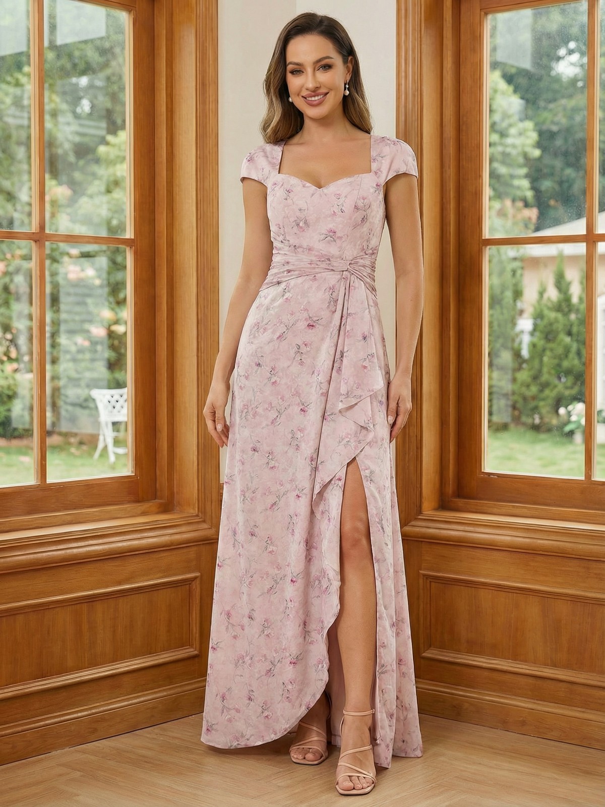 Floral Print Chiffon Mother of the Bride Dresses with Sleeves