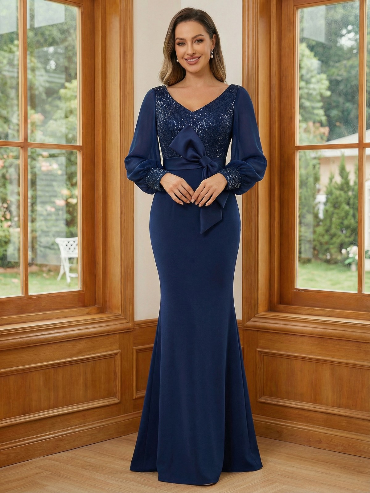 V Neck Chiffon Mother of the Bride Dresses with Sleeves