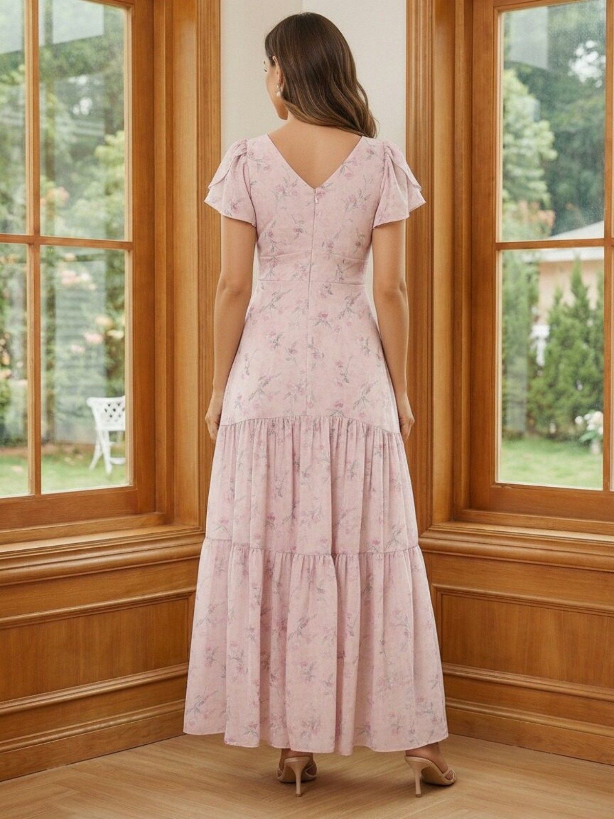 V Neck Chiffon Mother of the Bride Dresses with Sleeves