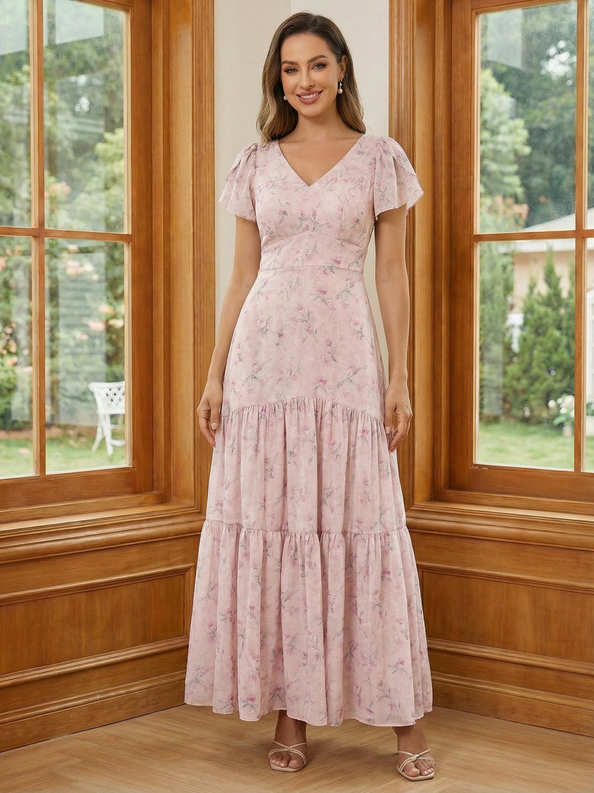 V Neck Chiffon Mother of the Bride Dresses with Sleeves
