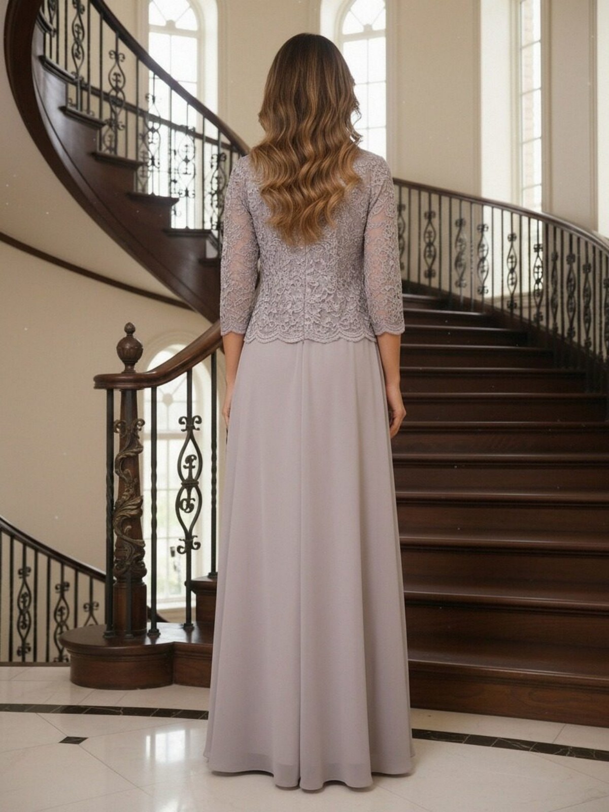 Round Neck Chiffon Mother of the Bride Dresses with Sleeves