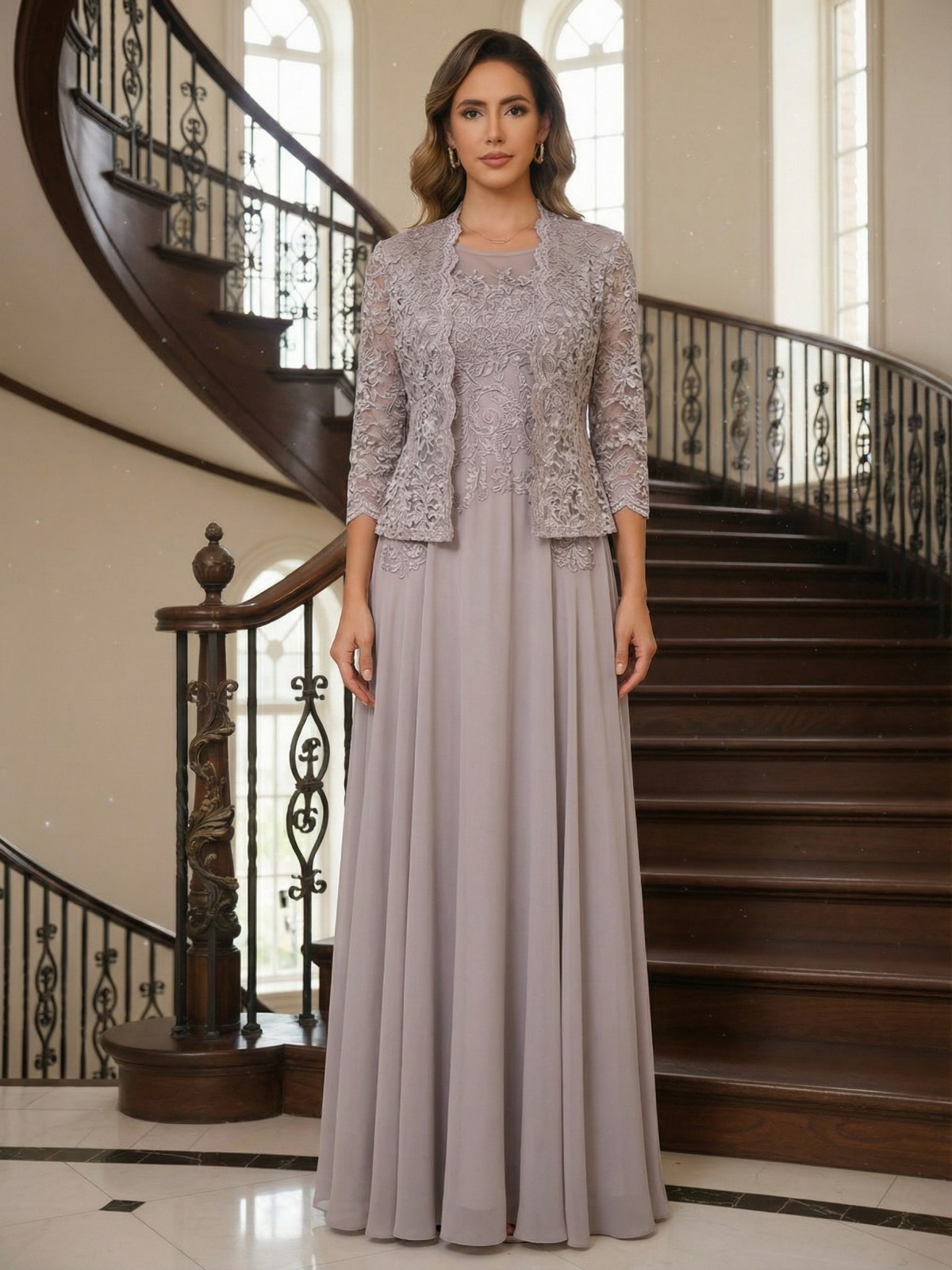 Round Neck Chiffon Mother of the Bride Dresses with Sleeves