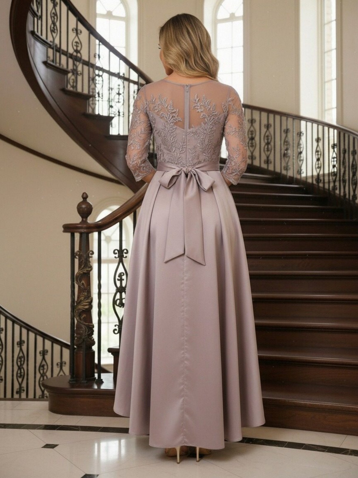 Round Neck Satin Mother of the Bride Dresses with Sleeves