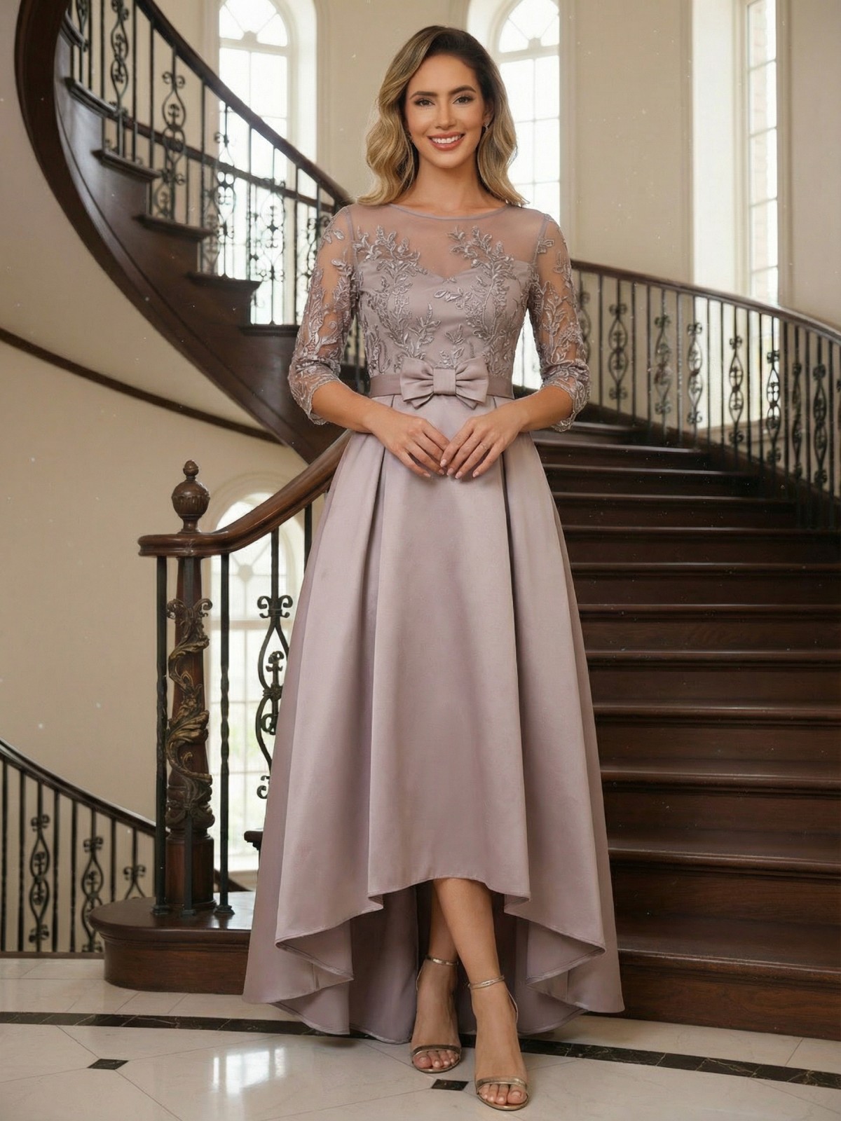 Round Neck Satin Mother of the Bride Dresses with Sleeves
