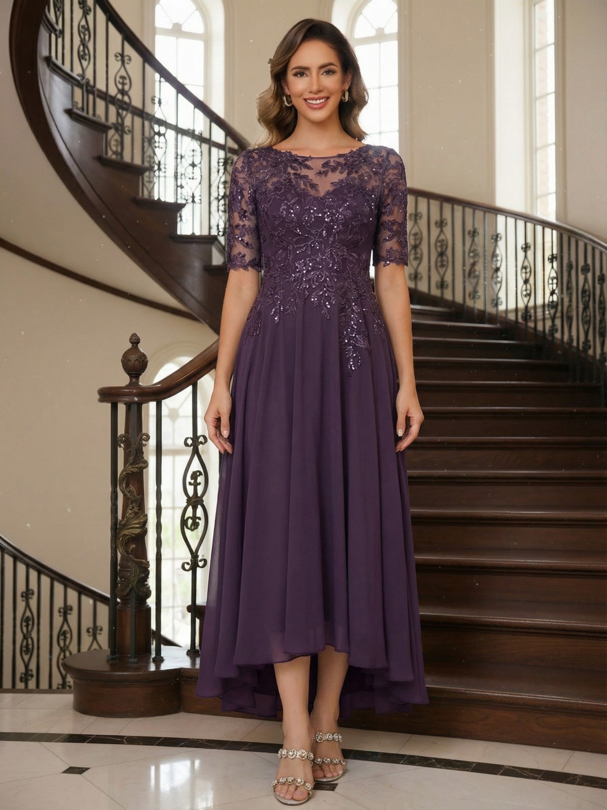 Round Neck Lace Appliques Mother of the Bride Dresses