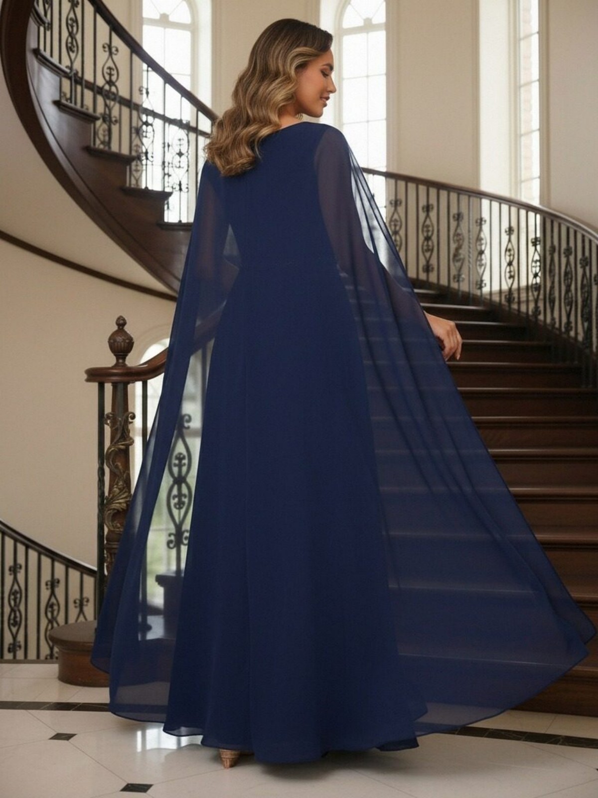 Round Neck Chiffon Mother of the Bride Dresses with Sleeves