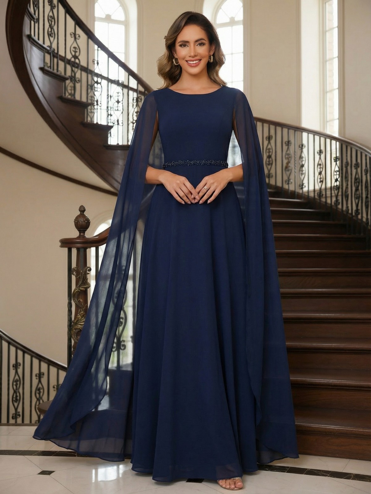 Round Neck Chiffon Mother of the Bride Dresses with Sleeves