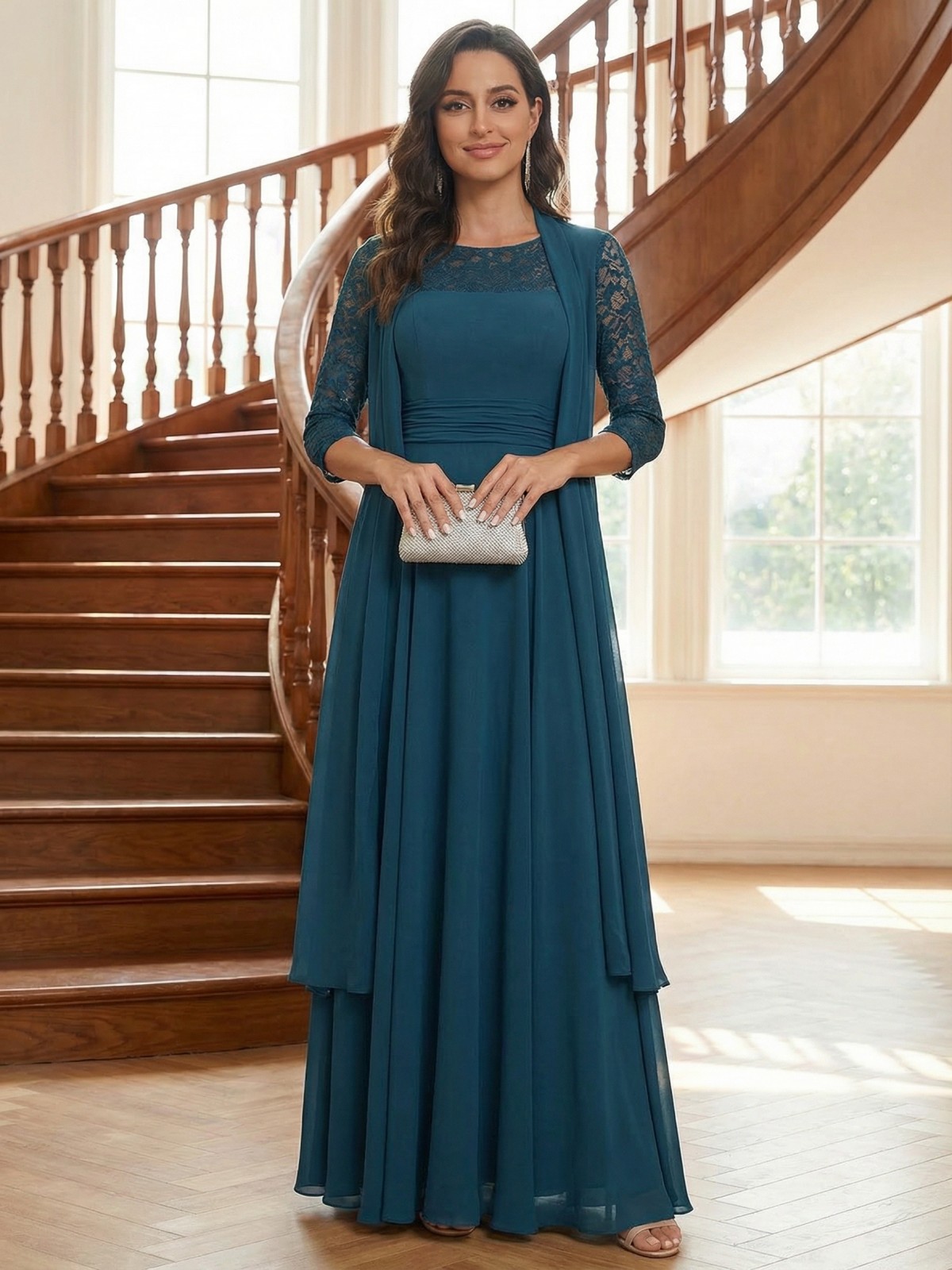 Chiffon Round Neck Mother of the Bride Dresses with Sleeves