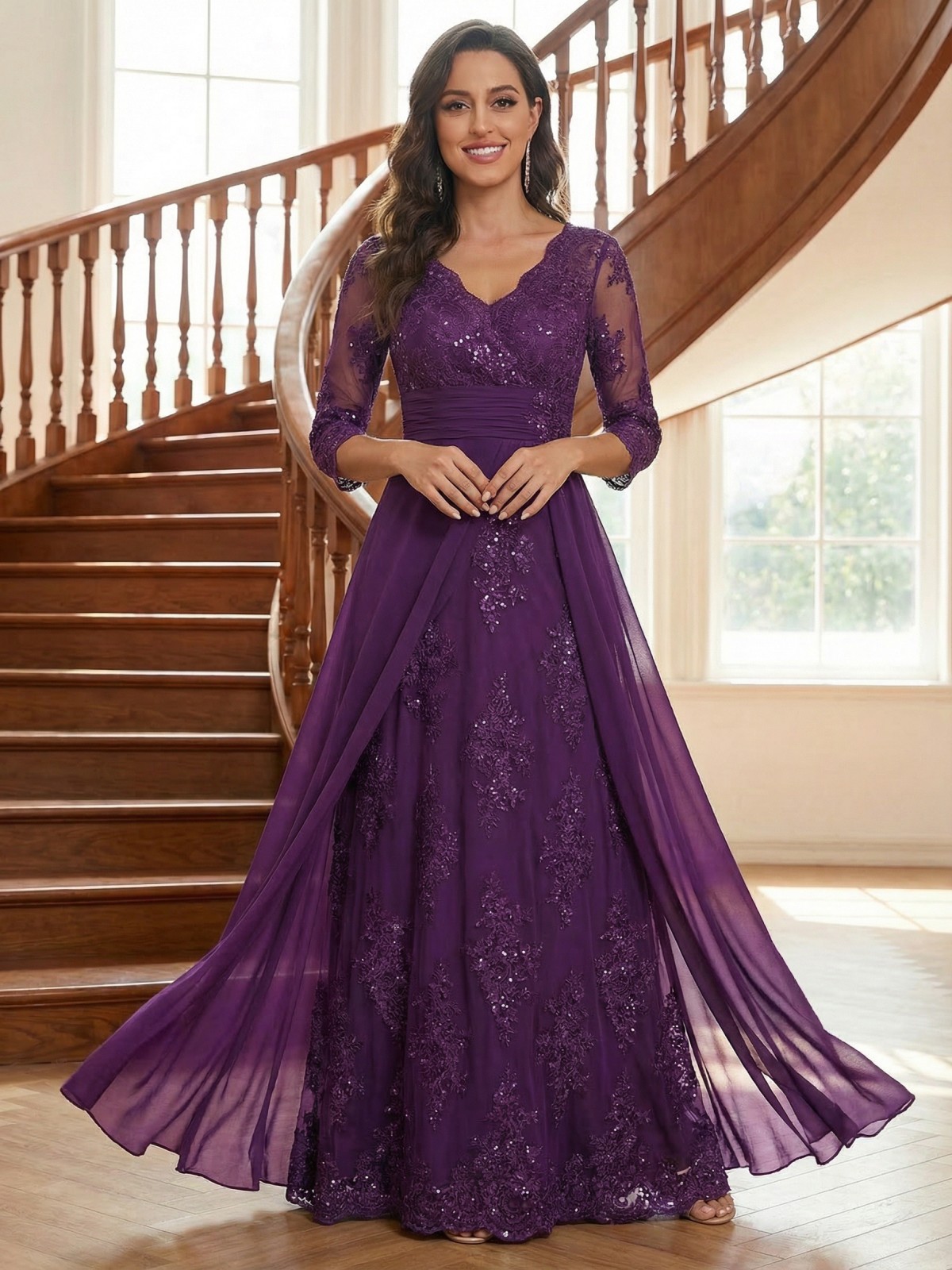 V Neck Long Sleeves Chiffon Mother of the Bride Dresses