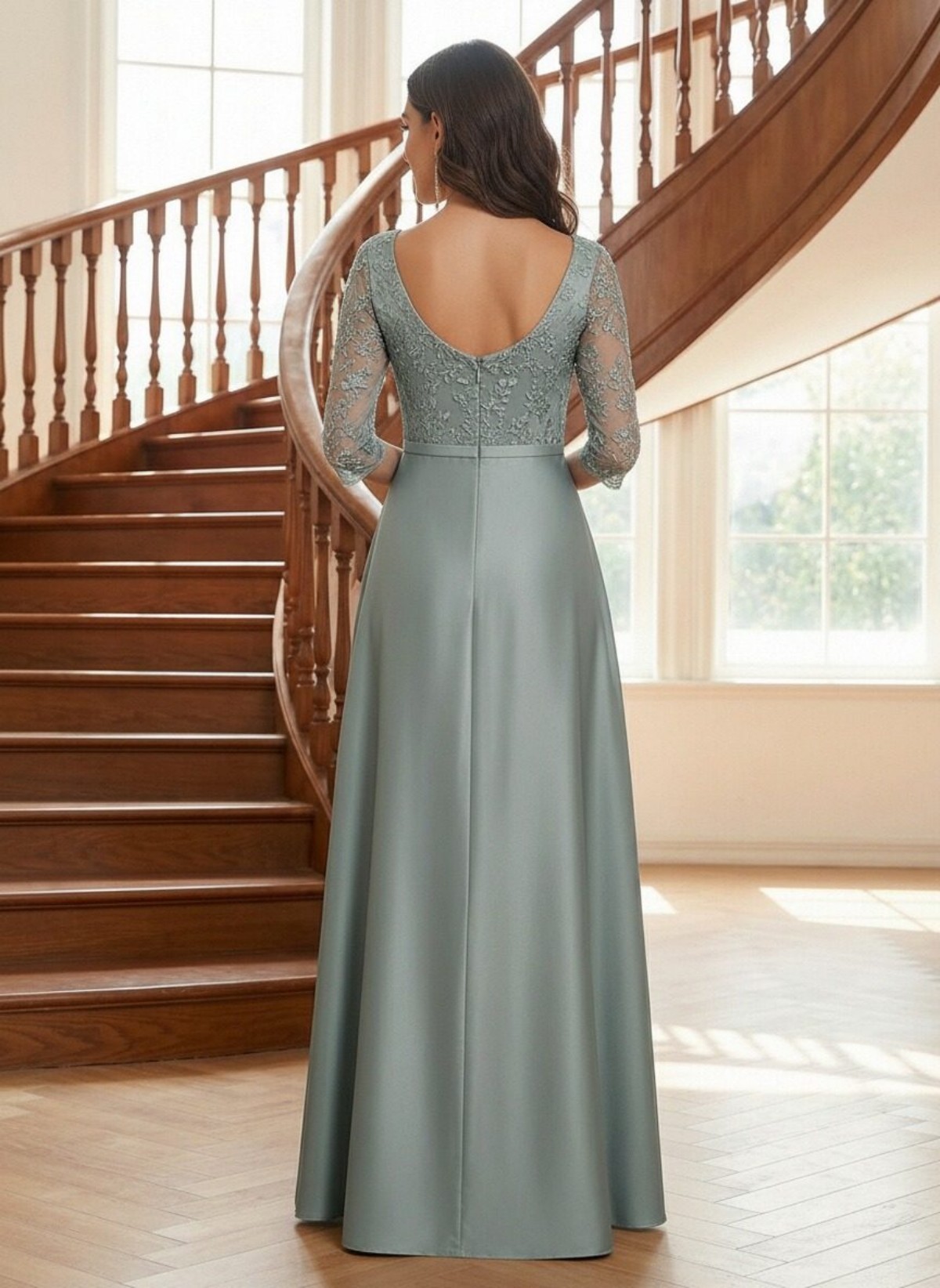 Satin Ruffles Round Neck Lace Appliques A Line Mother of the Bride Dresses