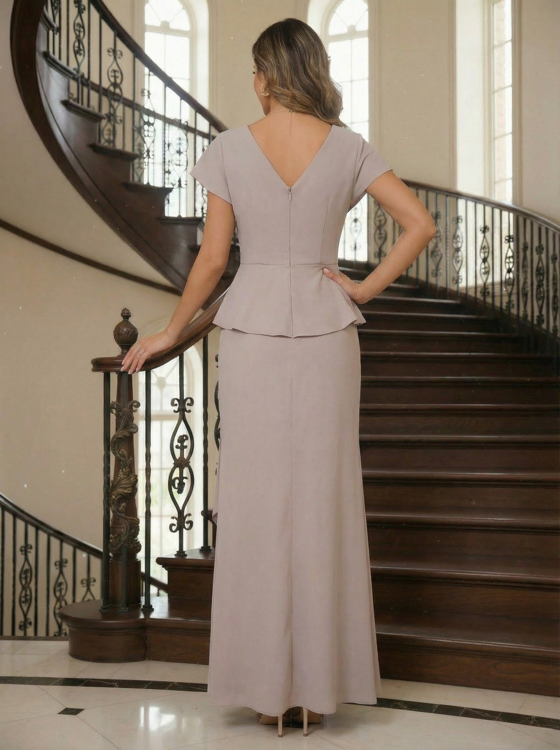 V Neck Chiffon Short Sleeves Mother of the Bride Dresses