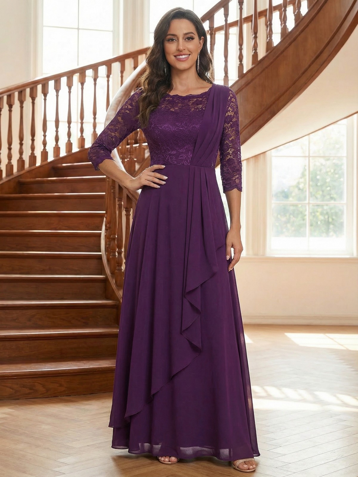 Chiffon Scoop Neck Lace Appliques Ruffles Mother of the Bride Dresses