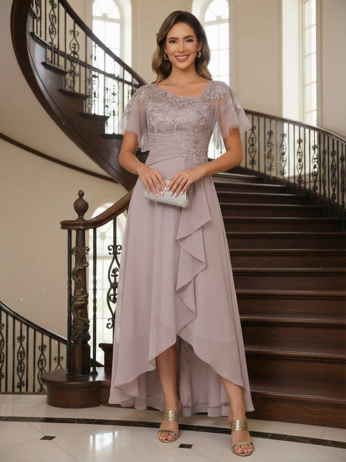 Chiffon Asymmetric Lace Appliques High Low Mother of the Bride Dresses