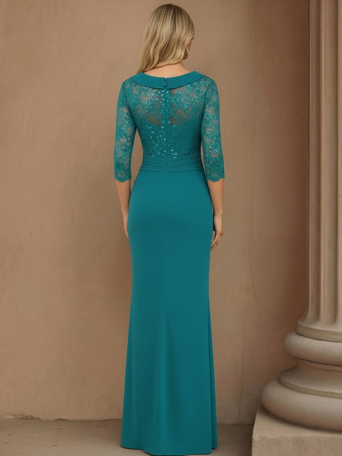 Satin Lace Appliques Ruched Scoop Neck Mother of the Bride Dresses